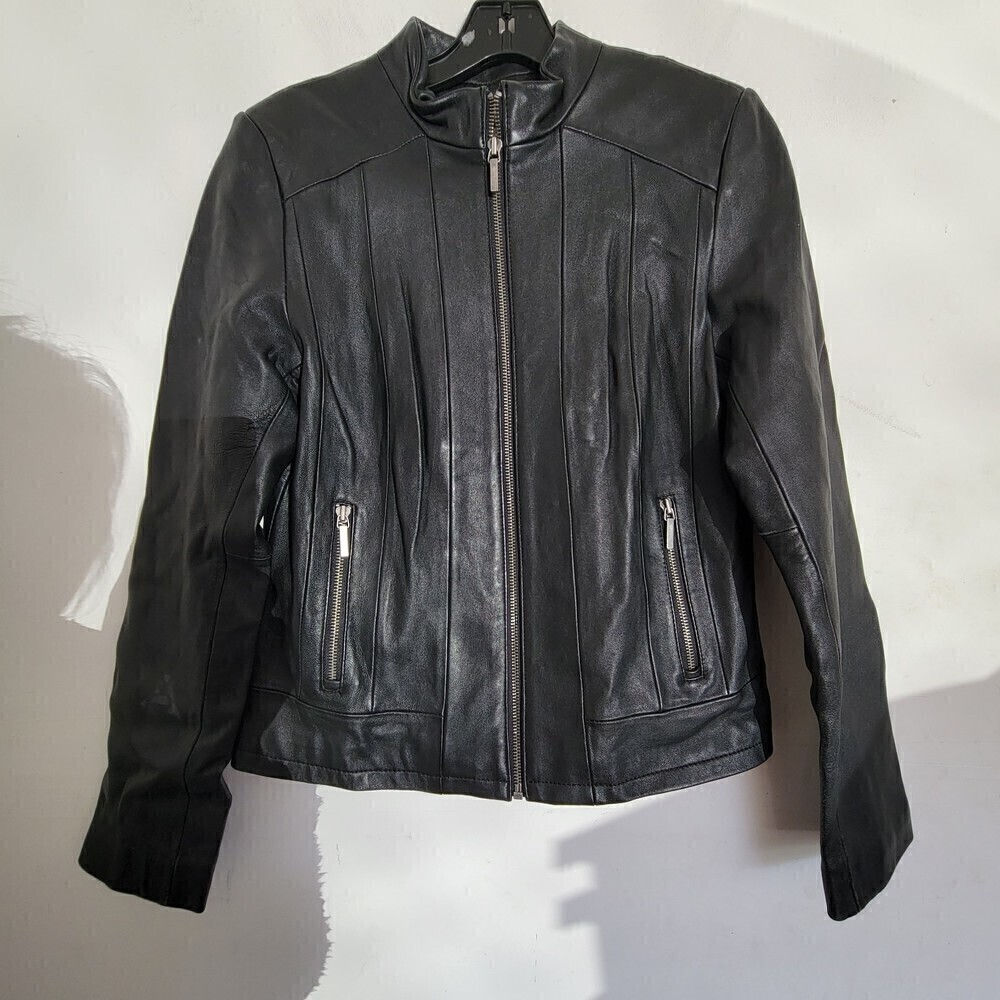 Kenneth Cole Reaction Black 100% Leather Long Sleeve Moto Biker Jacket Sz Small